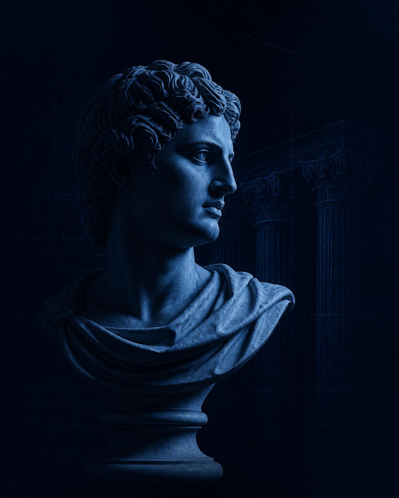 Escultura clássica greco-romana sobre composição arquitetônica em azul institucional